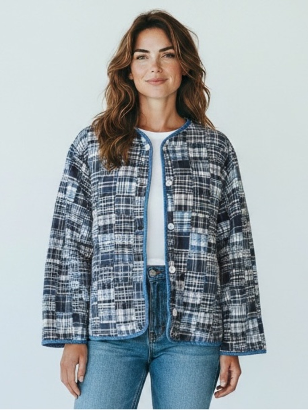 Vintage Blue Plaid Patchwork Quilt Button-Front Utility Jacket